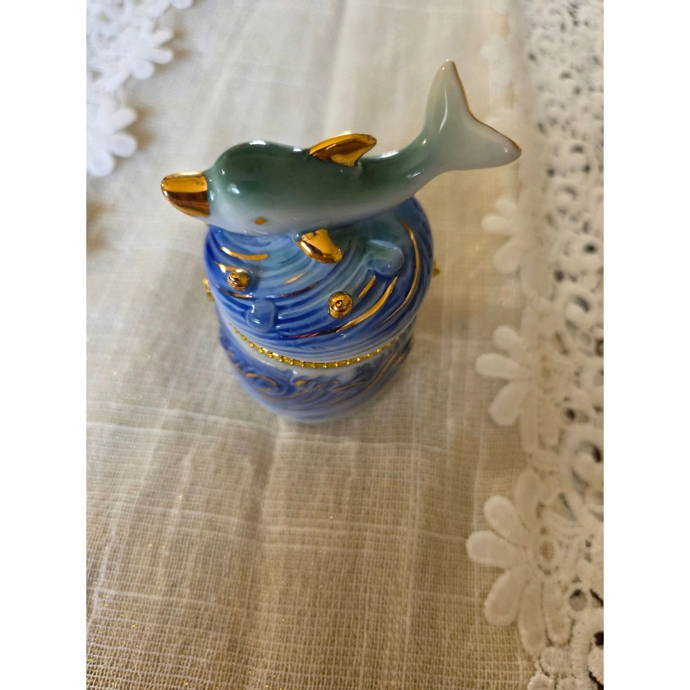 Vintage Porcelain Dolphin Trinket Box Blue Waves Gold Gilt Hinged Pill Box
